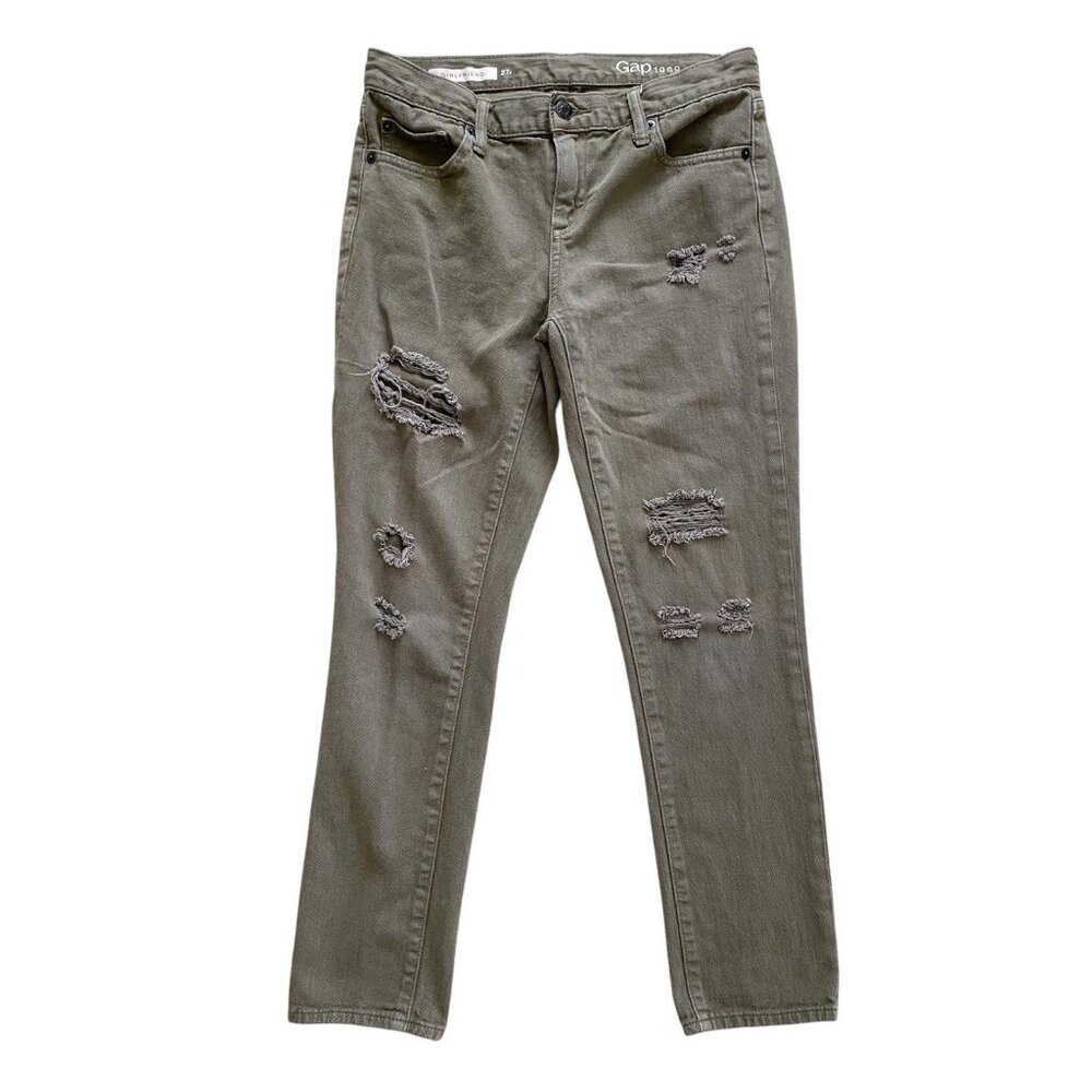 GAP Womens ' Girlfriend ' Army Green Distressed Skinny Jeans Size 27 Casual Wear